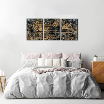 Pacimo 3 Pieces Abstract Canvas Wall Decor Electronic PC Motherboard Circuit Collage Abstract Technology Digital Art Modern Artwork Alternative Urban Shapes Framed Wall Art - 12"x16"x3 Panels