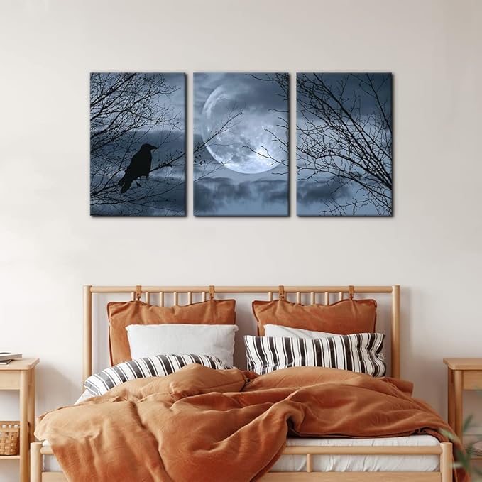 Pacimo 3 Pieces Canvas Art Wall Decor Full Moon Halloween Pictures Black and White Wall Art Painting Prints on Canvas Modern Artwork Stretched and Framed Ready to Hang - 16"x24"x3 Panel