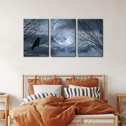Pacimo 3 Pieces Canvas Art Wall Decor Full Moon Halloween Pictures Black and White Wall Art Painting Prints on Canvas Modern Artwork Stretched and Framed Ready to Hang - 16"x24"x3 Panel