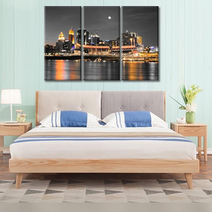 TUMOVO American Cityscape Pictures Wall Decor Posters and Prints 3 Panels Cincinnati Ohio Nighttime Lightscape Pictures Wall Decor for Bedroom Stretched and Framed Ready to Hang (42" Wx28 H)