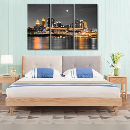 TUMOVO American Cityscape Pictures Wall Decor Posters and Prints 3 Panels Cincinnati Ohio Nighttime Lightscape Pictures Wall Decor for Bedroom Stretched and Framed Ready to Hang (42" Wx28 H)