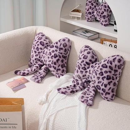 2 Pack Cute Leopard Print Bow Throw Pillows Furry Cheetah Bownote Plush Pillow Decor Bow Lumbar Suffed Pillow for Home Living Room Bedroom Bed Couch Cushion
