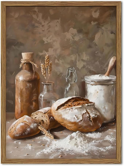 Framed Vintage Kitchen Wall Art, Rustic Bread and Flour Pictures Wall Decor Paintings, Farmhouse Food Poster Canvas Prints Country Home Decor for Dining Room Living Room Bakery 12x16 inch