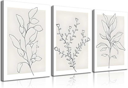 3Pcs Framed Neutral Botanical Wall Art Minimalist Abstract Botanical Line Canvas Posters Prints Modern Beige Boho Plant Paintings Wall Decor Pictures for Bedroom Living Room Home Decoration