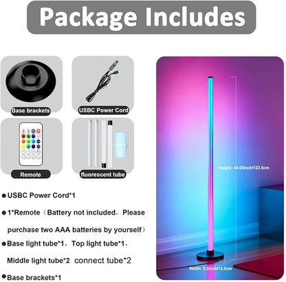 ICRGB Floor Lamp, Smart LED Corner Standing Light, 123.5cm, USB Powered, App & Remote Control, 16 Million Colors, for Bedroom Living Room Gaming Room Decor
