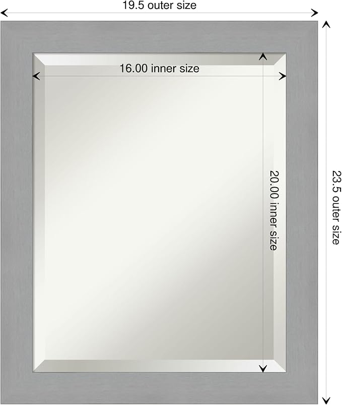 Amanti Art Silver Bathroom Mirror for Over Sink, 23x19 Brushed Nickel Rectangle Vanity Mirror, Small Modern Frame, Hangs Horizonally and Vertically, Bathroom Wall Decor, Beveled Edge