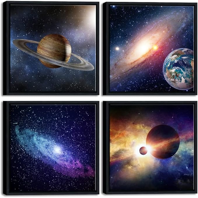 Wieco Art Framed Wall Art 4 Panels Contemporary Star Sky Pictures Astronomy Artwork Modern Canvas Prints Space Pictures Universal Magic Power for Bedroom Home Decorations