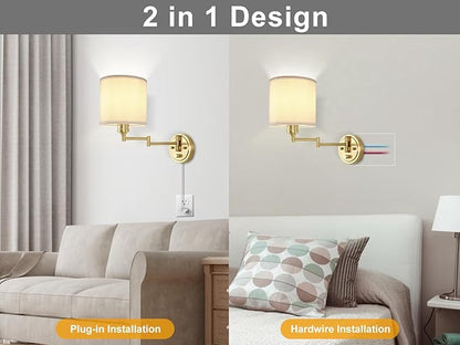 Plug in Wall Sconces with Remote Control, Dimming 10%-100% & Adjustable Colors 2700K-6500K, Hardwire or Plug-in, Swing Arm Wall Lamp with White Fabric Shade, Wall Sconces Set of Two, Gold Finish