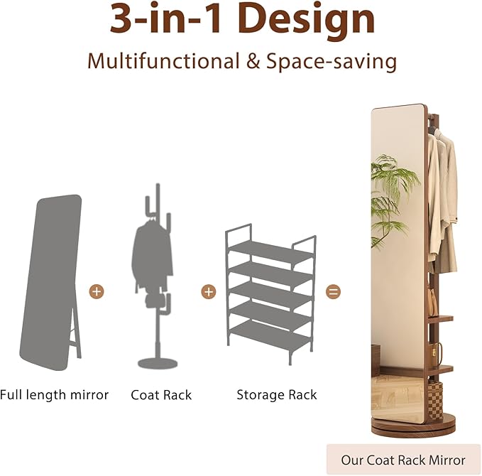 WoodsWhisper Full Length Mirror Coat Rack Solid Wood Floor Mirror 70"x16" Full Length Mirror with Stand Long Mirrors for Bedroom,Living Room (Walnut, 70" L x 16" W)