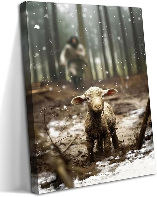Jesus Christian Wall Art, Jesus Saves the Lost Lamb Canvas Wall Decor, Religion Canvas Art Wall Decor Posters Paintings Prints for Living Room, Bedroom, Prayer Room, Framed 16x24 inch