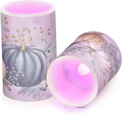 Thanksgiving Fall Autumn Pumpkin Blues Flickering Flameless Candles Battery Operated with Remote Timer,Tea Light Candles LED Pillar Votive Candles Set of 2 for Outdoor Indoor Decorations