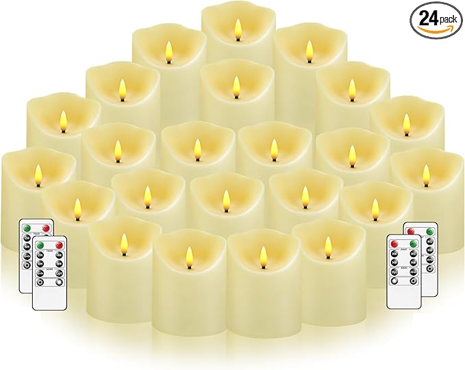 Nimiko Flameless Candles with Remote, Battery Operated Flickering Flameless Candles, LED Candles with Timer 2/4/6/8H, with Realistic LED Candles Set of 24 (D3 x H 3" 4" 5") (Ivory)