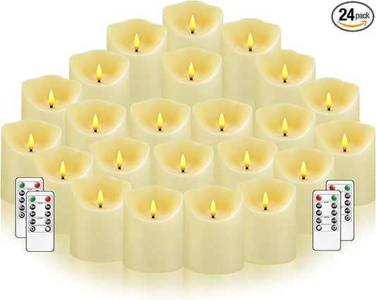 Nimiko Flameless Candles with Remote, Battery Operated Flickering Flameless Candles, LED Candles with Timer 2/4/6/8H, with Realistic LED Candles Set of 24 (D3 x H 3" 4" 5") (Ivory)