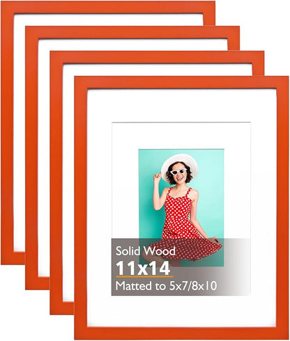 KINLINK 11x14 Picture Frame Orange, Solid Wood Frames with Acrylic Plexiglass for Pictures 5x7/8x10 with Mat or 11x14 without Mat, Tabletop and Wall Mounting Display, Set of 4