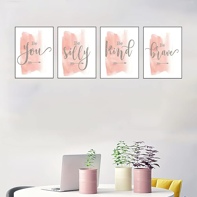 Set of 4 Teen Girl Framed Wall Art Canvas Painting Be Brave Inspirational Quotes Print Blush Grey Poster Picture Nordic Girls Bedroom Decor