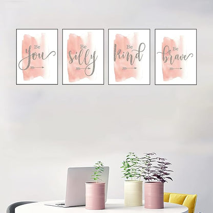Set of 4 Teen Girl Framed Wall Art Canvas Painting Be Brave Inspirational Quotes Print Blush Grey Poster Picture Nordic Girls Bedroom Decor