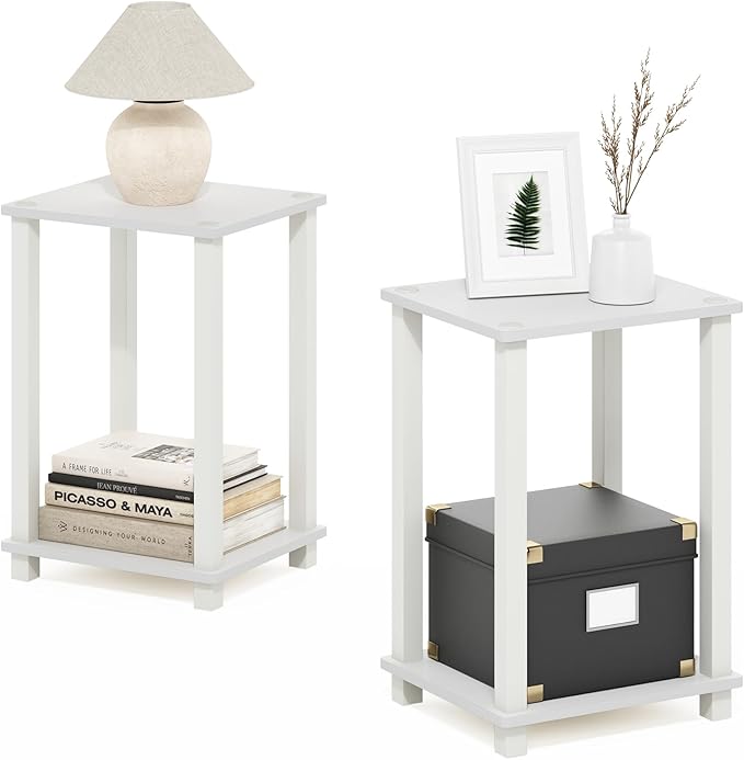 Furinno Simplistic Side Tables Set of 2, 2-Tier Small End Tables with Open Shelf, Easy Assembly Toolless Night Stands, Nightstand, for Living Room, Bedroom, White