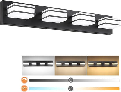 GOODATE 3 Color Temperature Dimmable Bathroom Light Fixtures Over Mirror, LED Black 4 Light Vanity Lighting Fixtures, Acrylic Stainless Steel Square Shade Vanity Lights for Bathroom, ETL Certificated