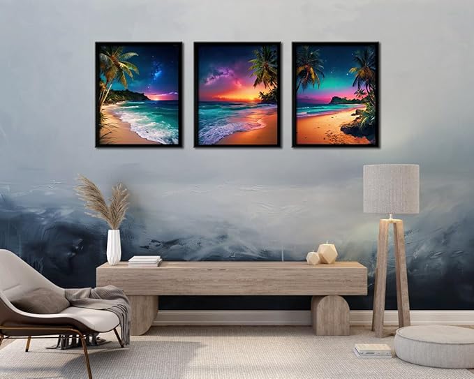 Beach Sunset Black Framed Wall Art for Living Room Tropical Ocean Canvas Prints Northern Lights Aurora Natural Landscape Painting Large Wall Decor for Bedroom Office Dining Room 16"x24"x3pcs