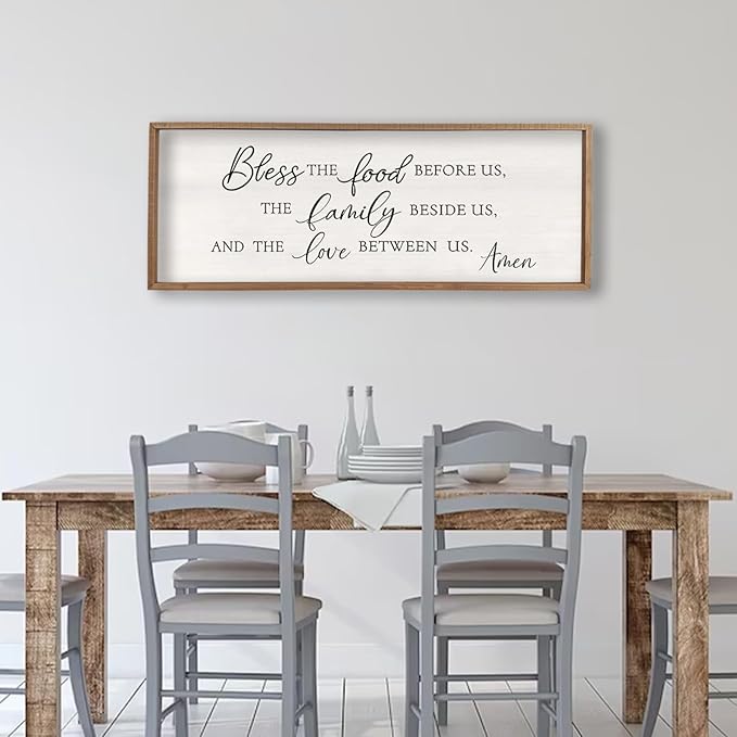 Bless the Food Before Us Wall Decor Sign 40" X 15" Dining Room Wall Decor Framed Wood for Large Farmhouse Vintage Prayer Catholic Kitchen Wall Hanging Scripture Bible Verse Art (Wood)