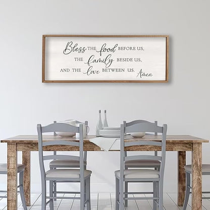 Bless the Food Before Us Wall Decor Sign 40" X 15" Dining Room Wall Decor Framed Wood for Large Farmhouse Vintage Prayer Catholic Kitchen Wall Hanging Scripture Bible Verse Art (Wood)