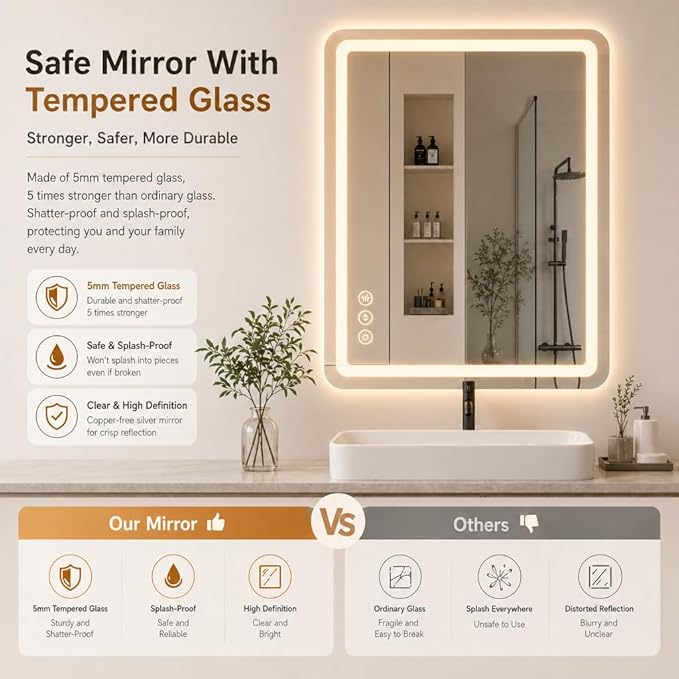 30" x 36" Led Bathroom Mirror with Lights, Anti-Fog & Tri-Color Lighting - Wall Mounted Shaving Mirror with Touch Sensor, Waterproof & Smart LED Vanity Mirror,Tempered Glass, Dimmable Smart Mirror