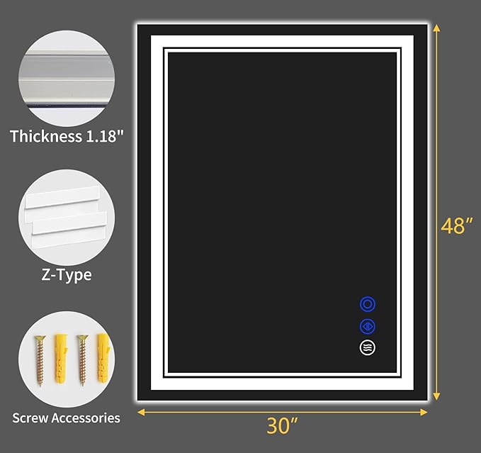 48"x30" LED Bathroom Mirror with Anti-Fog, Stepless Dimmable Lights, 3 Color Modes, Shatter-Proof Tempered Glass,Waterproof Design