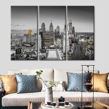 TUMOVO Home Decor Philadelphia Pennsylvania City Skyline Pictures Bathroom Decor Wall Art 3 Panel Nighttime Lightscape Contemporary Home Decor Print on Canvas Framed Ready to Hang (36" Wx24 H)