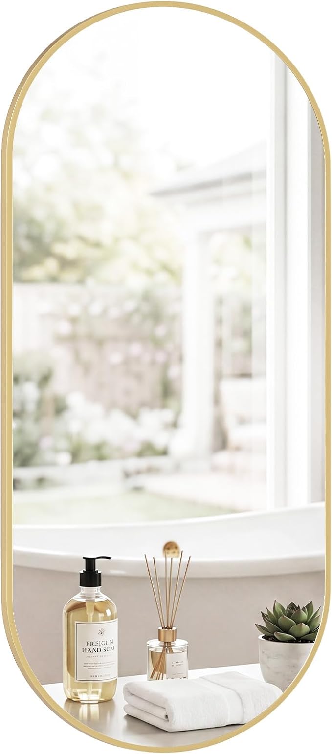 NEWBULIG 24" x 48" Oval Bathroom Mirror, Gold Wall Mirror with Metal Frame, Tempered Glass, Morden Vanity Mirror for Over Sink, Entryway, Living Room, Bedroom, Horizontal or Vertical