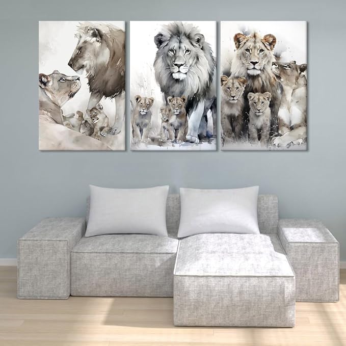Lion Family Portrait Pictures Wall Decor Artwork Modern 3 Piece Lion Poster Wall Art Animal Canvas Paintings Living Room Home Office Decorations, Framed 72”W x 36”H