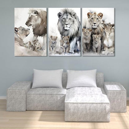Lion Family Portrait Pictures Wall Decor Artwork Modern 3 Piece Lion Poster Wall Art Animal Canvas Paintings Living Room Home Office Decorations, Framed 72”W x 36”H