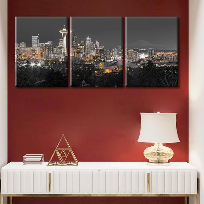 TUMOVO 3 Piece Wall Decor Seattle Downtown Skyline Wall Art Mt. Rainier at Night Washington Wall Decor for Living Room Skyscrapers Pictures Contemporary Home Decor Framed Ready to Hang (36" Wx16 H)