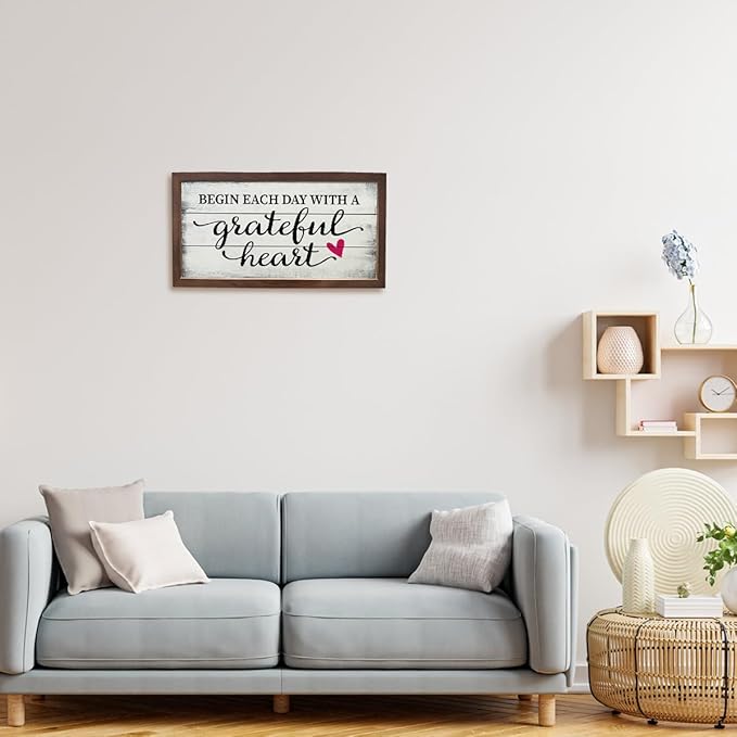 Inspirational Wall Art, Wood Decoration for Home Office, Living Room Decor, Bedroom Decors, Wooden Framed Wall Decor, Begin Each Day With a Grateful Heart Sign, 15×7.5×0.3 inches