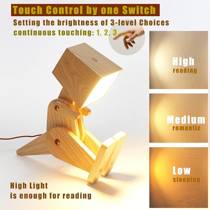 Novelty Cute Wood Dinosaur Table Lamp for Bedroom, Room, Bedside - 3 Levels Dimmable Touch Adjustable Swing Arm Robot Design Natural Finish Nightstand Light for Living Office Dorm (Yellow)