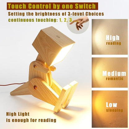 Novelty Cute Wood Dinosaur Table Lamp for Bedroom, Room, Bedside - 3 Levels Dimmable Touch Adjustable Swing Arm Robot Design Natural Finish Nightstand Light for Living Office Dorm (Yellow)
