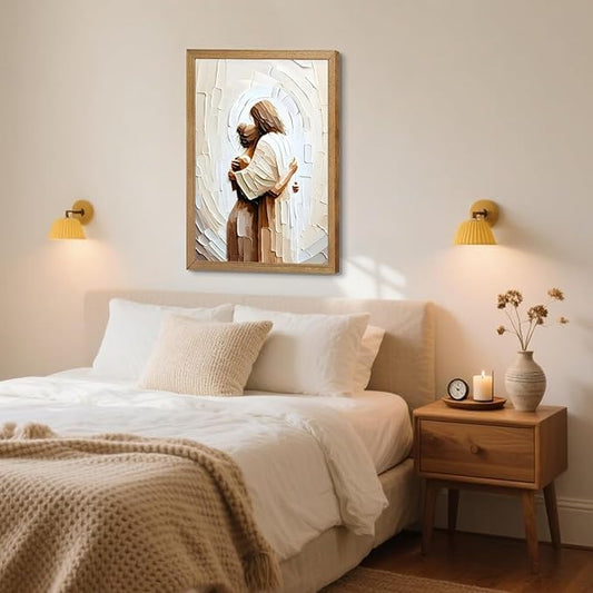 Framed Jesus Hugging Woman Canvas Wall Art God & Girl Wall Decor Safe in His Arms Pictures Modern Christian Healing Embrace Mormon Prints Posters Artwork for Living & Prayer Room Bedroom Decor 8x10in