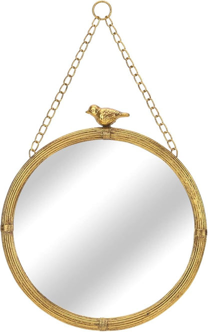 NIKKY HOME 11 Inch Decorative Small Hanging Mirrors Vintage Round Metal Framed Wall Mounted Mirror Decor with Bird for Bathroom Living Room Office, Rustic Gold
