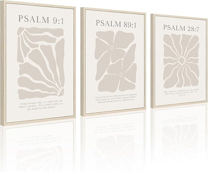 Scripture Christian Wall Art Set of 3 Beige Bible Verses Wall Decor Neutral Psalm Canvas Wall Art Modern Pictures Flower Prints Christian Artwork for Living Room Bedroom 16x24 Inch Framed