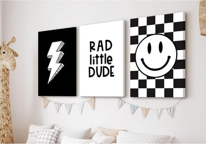Boys Room Wall Art Decor Toddler Nursery Canvas Wall Art Baby Kids Wall Decor Black Checkered Smiley Poster Pictures Retro Playroom Rad Little Dud Art Prints for Bedroom 16x24x3 Inch Framed