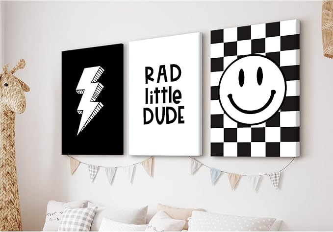 Boys Room Wall Art Decor Toddler Nursery Canvas Wall Art Baby Kids Wall Decor Black Checkered Smiley Poster Pictures Retro Playroom Rad Little Dud Art Prints for Bedroom 12x16x3 Inch Framed