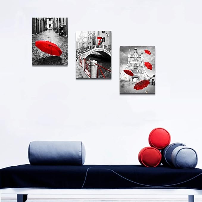 AHUAART Wall Art for Living Room Bathroom Decorations Bedroom Wall decor 3 Piece Framed Artwork modern Canvas Print Office Home Decoration Black and white landscape building red umbrella wall painting