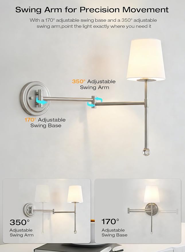 CLOUDY BAY 10000mAh Battery Operated Wall Sconces,Up to 100 Hours with Rechargeable RGB Dimmable Magnetic Bulb,Cordless Wall Lighting Fixtures with Remote for Bedroom,Brushed Nickel,2 Pack-18.6inch