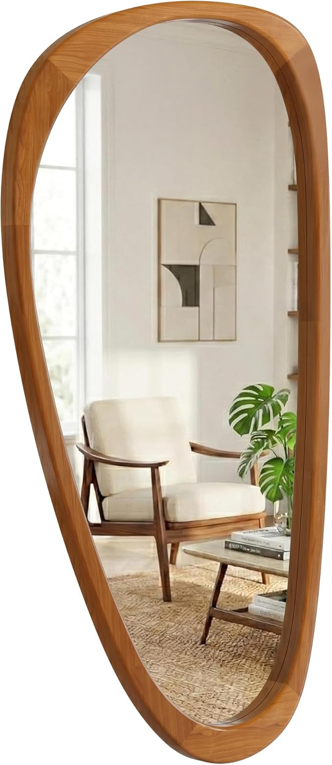 Solid Wood 48"x24" Large Aesthetic Wabi-Sabi Statement Mirror, Warm Walnut Full Length Irregular Mirror, Modern Organic Asymmetrical Wooden Wall-Mounted Mirror, Honey Walnut