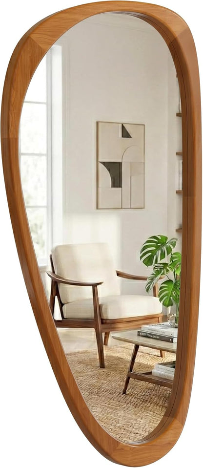 Solid Wood 48"x24" Large Aesthetic Wabi-Sabi Statement Mirror, Warm Walnut Full Length Irregular Mirror, Modern Organic Asymmetrical Wooden Wall-Mounted Mirror, Honey Walnut