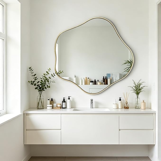Gold Irregular Shaped Mirror, 35" Asymmetrical Mirrors for Wall, Large Scalloped Mirror Decorative, Modern Wavy Round Mirrors for Living Room Bathroom Bedroom Hallway Entryway Fireplace