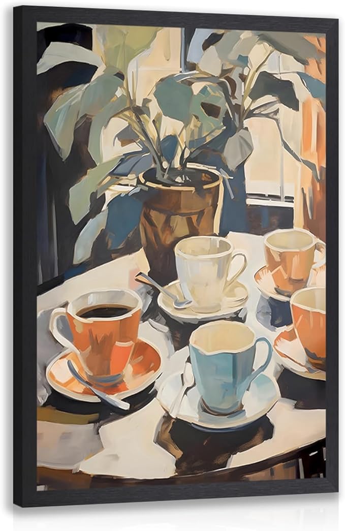 GELDSTEI Wood Framed Coffee Wall Art, Vintage Cafe Aesthetic Picture, Cafe Bar Canvas Painting, Retro Coffee Poster Print, Modern Rustic Wall Decor for Kitchen Dining Room Ready to Hang 12x16 Inch