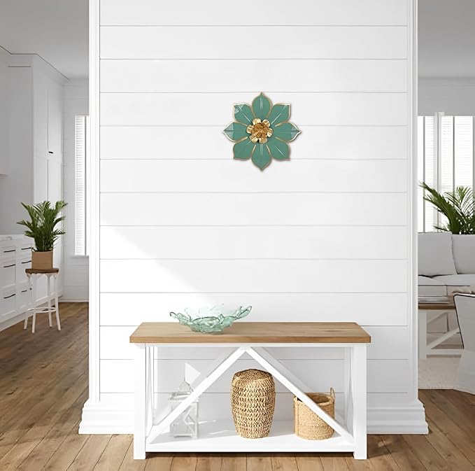 10" Metal Flowers Wall Decor, Green & Gold 3D Floral Metal Wall Art Decor for Inoor & Outdoor Use, Vintage & Modern Walls Arts for Bathroom, Living Room, Bedroom, Office, Garden, Patio, Porch, 1 Piece