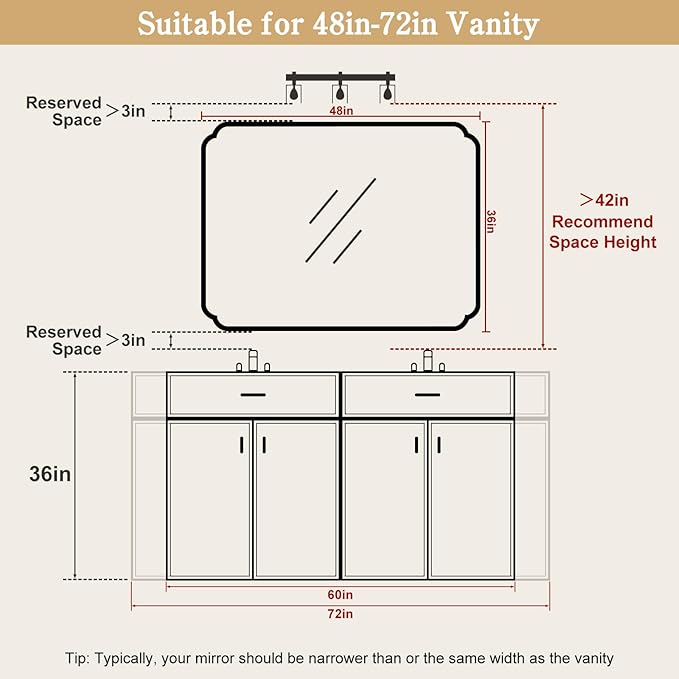 WallBeyond 30" x 48" Wood Bathroom Mirror for Wall Mounted, Rustic Rounded Corner Wood Frame Wall Mirror for Entryway, Living Room or Bedroom Home Decorative, Natural
