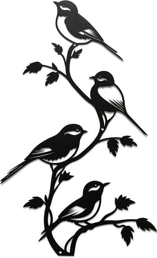 SonnTonn Black Metal Bird Wall Decor - 4 Birds on Branch Silhouette Wall Art, Rustic Style Wall Sculpture for Living Room, Bedroom, Patio, Garden, Farmhouse Home Decor (9.29”x15.75” / 23.6x40cm)