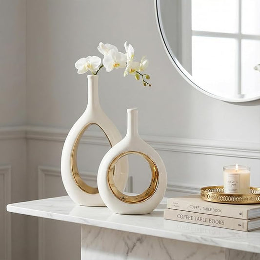 White and Gold Vase Ceramic White Vases Home Decor,Modern Minimalist Circle with Hole Decorative Vase, Hollow Ellipse Flower vases for Bookshelf, Fireplace Mantle, Centerpieces,Farmhouse,Rustic Décor